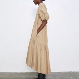 Chic Tan Puff Sleeve Maxi High-low Dress